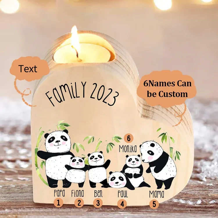 Family Panda Heart Candle Holder Personalised Wooden Candlestick Custom 6 Names-Jessemade AU