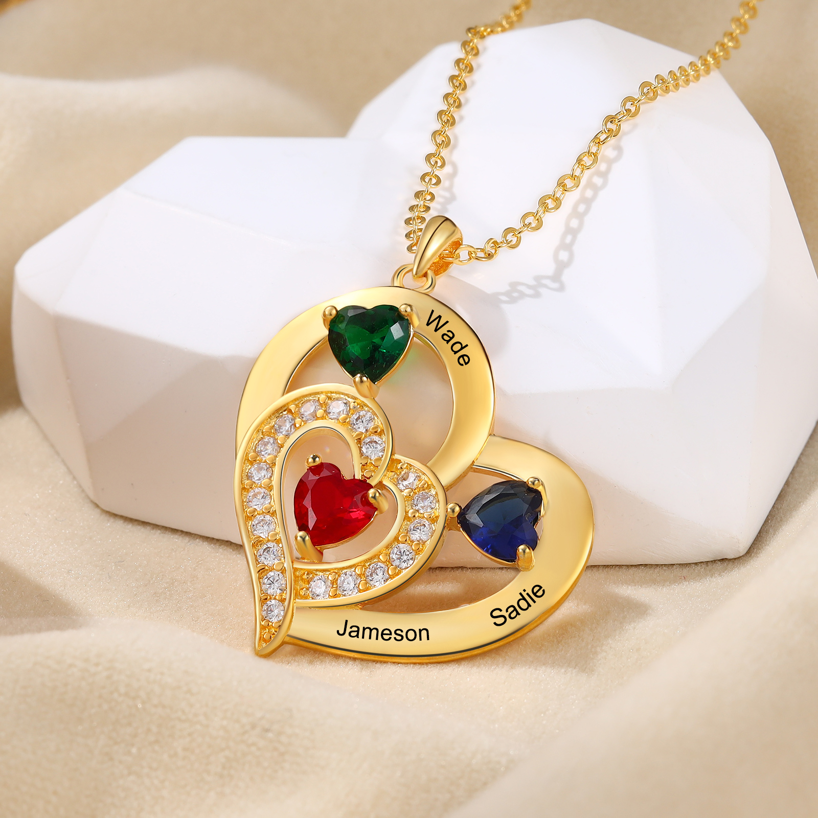 3 Names - Personalised Heart Pendant Necklace Customised Names & Birthstones Necklace Birthday Gift for Her-Jessemade AU