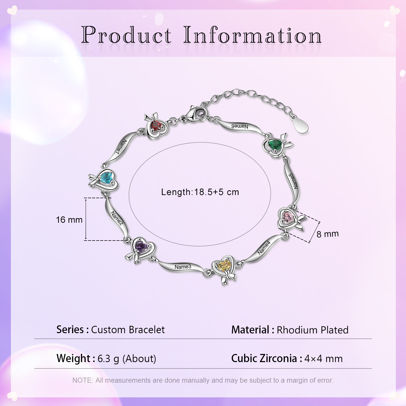 Personalised Heart Bracelet with 6 Birthstones Engraved Names Bracelet Gifts For Her-Jessemade AU