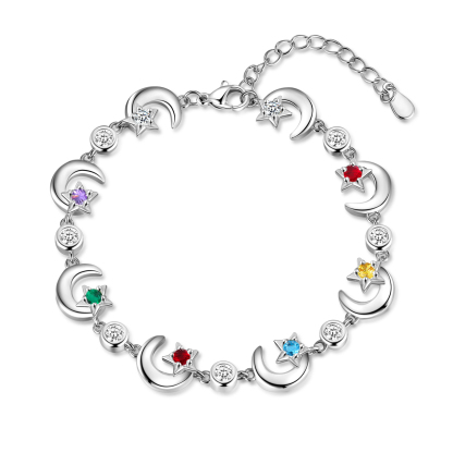 Personalised Moons And Stars Bracelet With 6 Birthstones Custom Names Bracelet Gift For Women-Jessemade AU