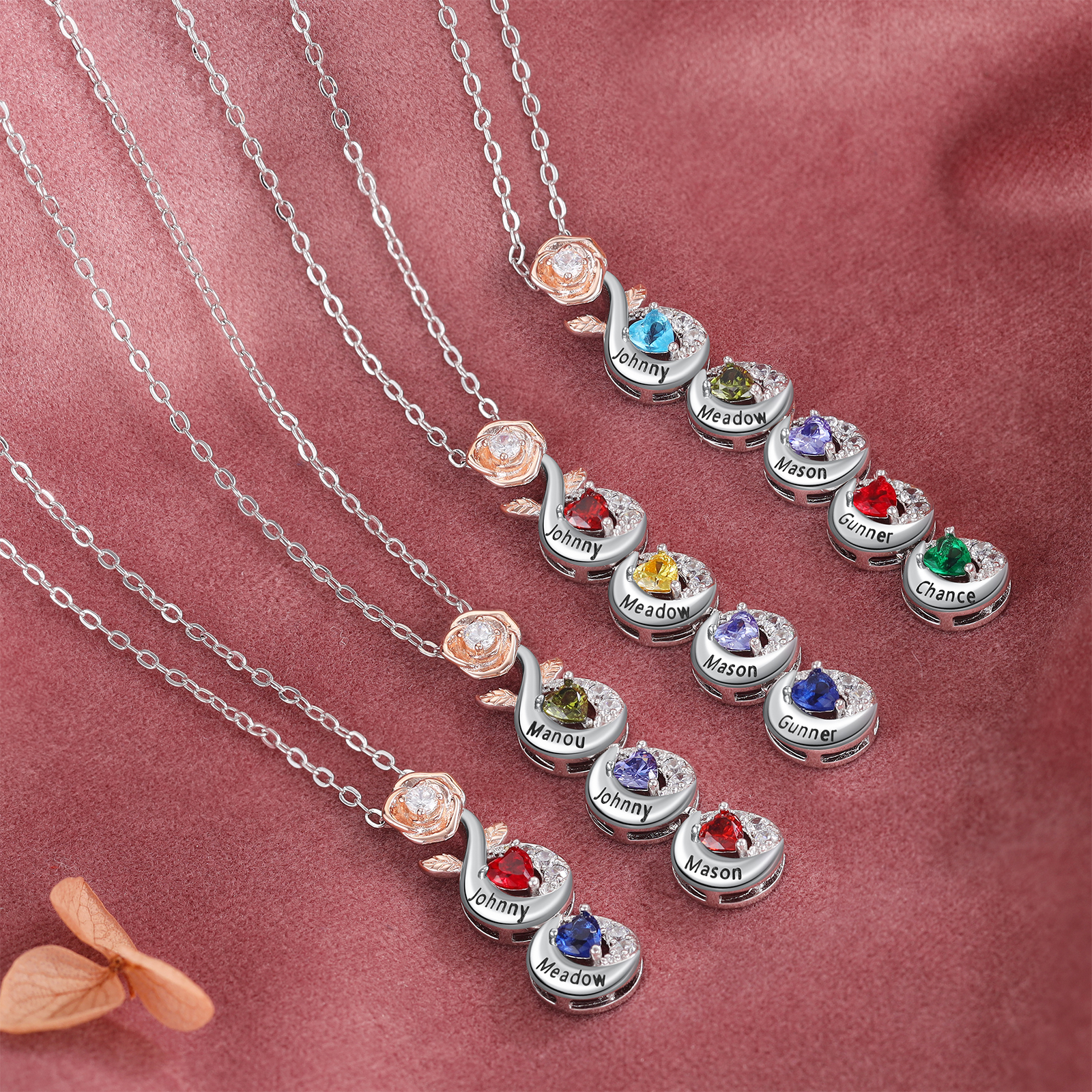 Custom Family Necklace Rose Pendant with 3 Birthstones Engraving 3 Names Gifts for Her-Jessemade AU