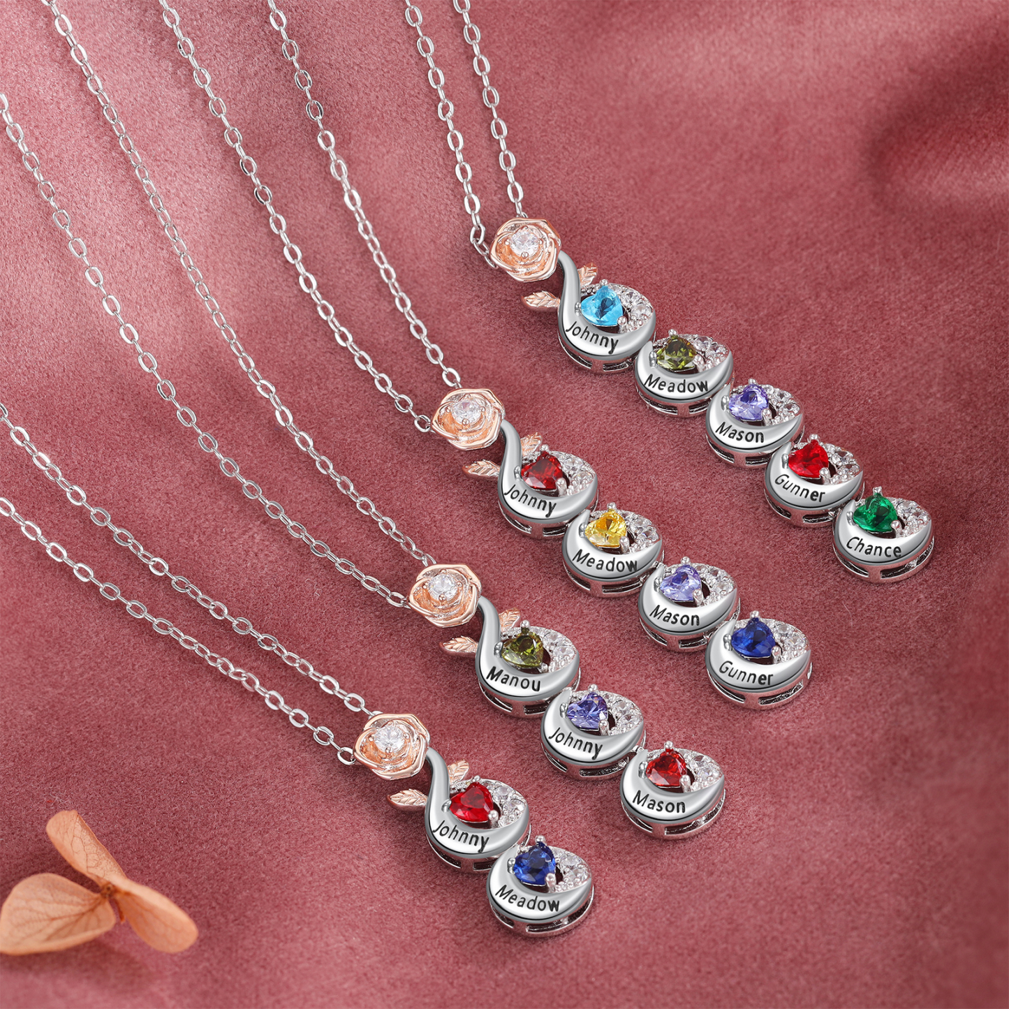 Custom Family Necklace Rose Pendant with 3 Birthstones Engraving 3 Names Gifts for Her-Jessemade AU