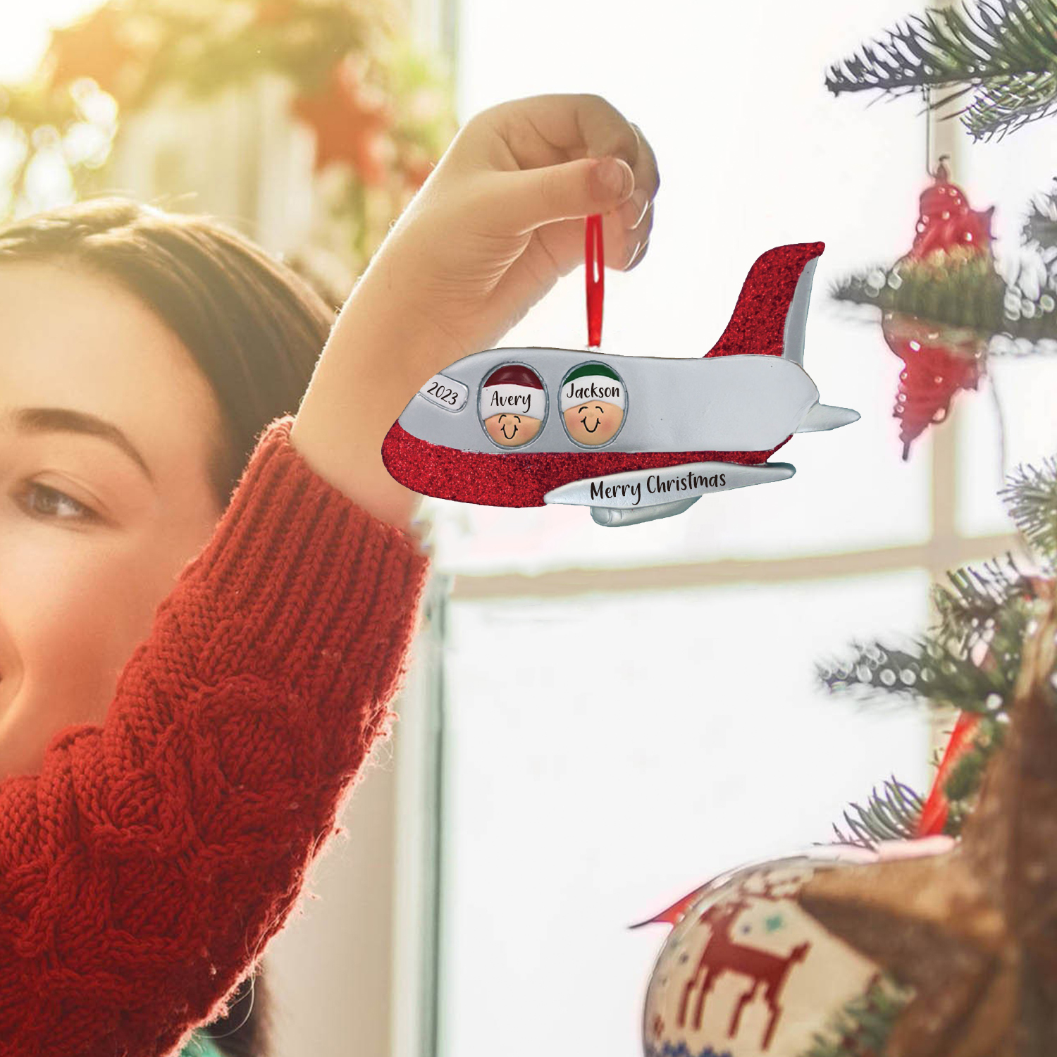 2 Names - Personalised Christmas Ornaments Custom Text & Year Wooden Airplane Christmas Decor Gifts for Family Friends-Jessemade AU