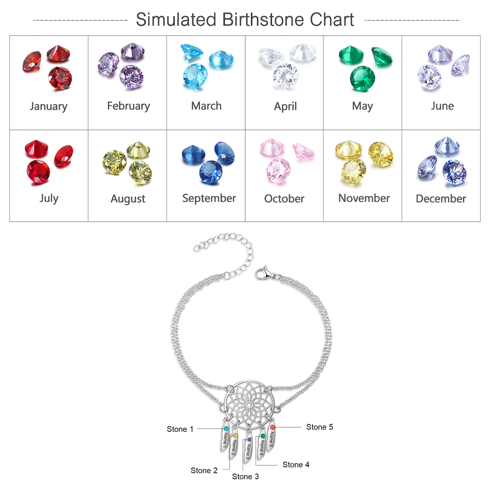 Personalised Dream Catcher Necklace With 5 Birthstones Engraved Names Gift For Women-Jessemade AU