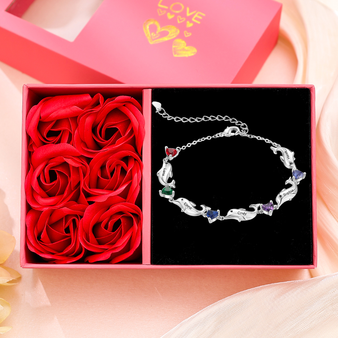 Dolphin Bracelet Personalised 5 Birthstones & 5 Names Women Bracelet-Jessemade AU