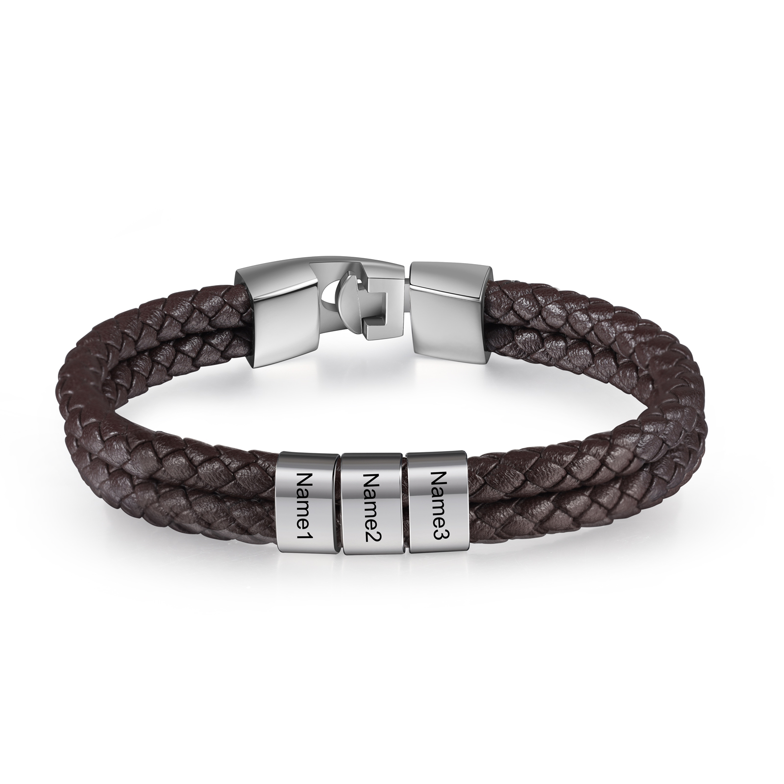 Brown Personalised Double Layered Braided Leather Bracelet Engraved 3 Names Mens Bracelet for Him-Jessemade AU