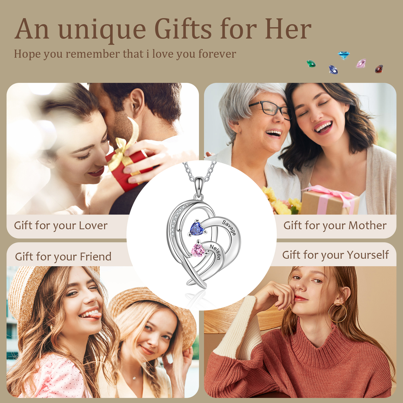 Personalised Heart Wings Necklace With 2 Birthstones Custom Names Necklace Gift For Her-Jessemade AU