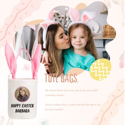 Personalised Photo Bunny Tote Bag Custom Name & Text Bucket Bag Bunny Basket Easter Gifts-Jessemade AU