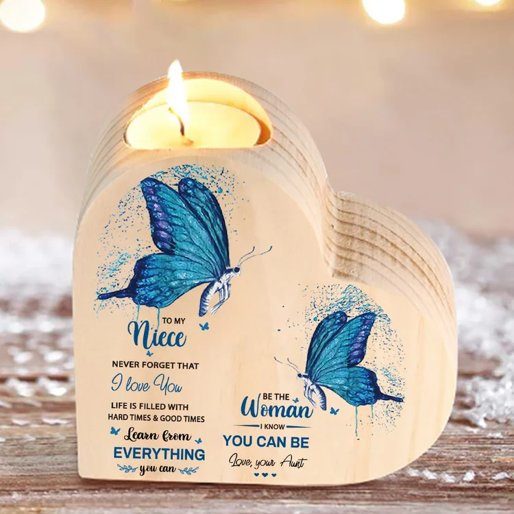 To My Niece Heart Candle Holder Never Forget That I Love You Wooden Blue Butterfly Candlestick-Jessemade AU