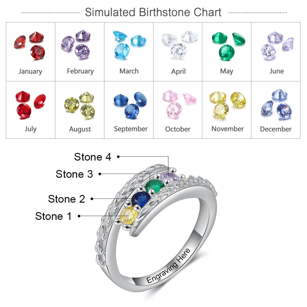 Personalised 4 Birthstones Ring Engraved Names Ring Gifts for Her-Jessemade AU