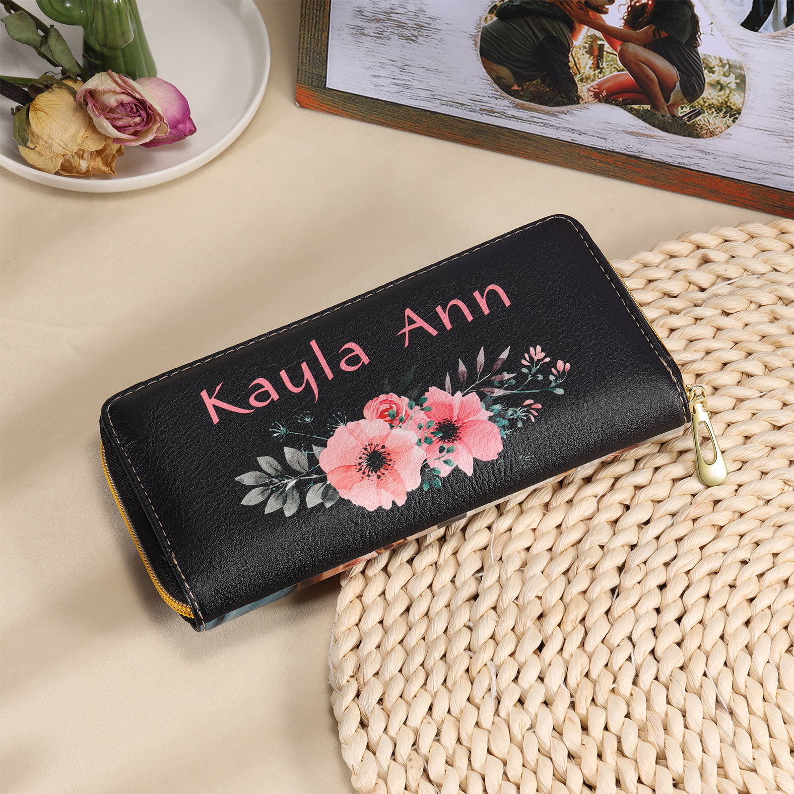 Long Purse Personalised Flower Leather Wallet Engraved 4 Photos Zip Wallet Gifts for Her-Jessemade AU
