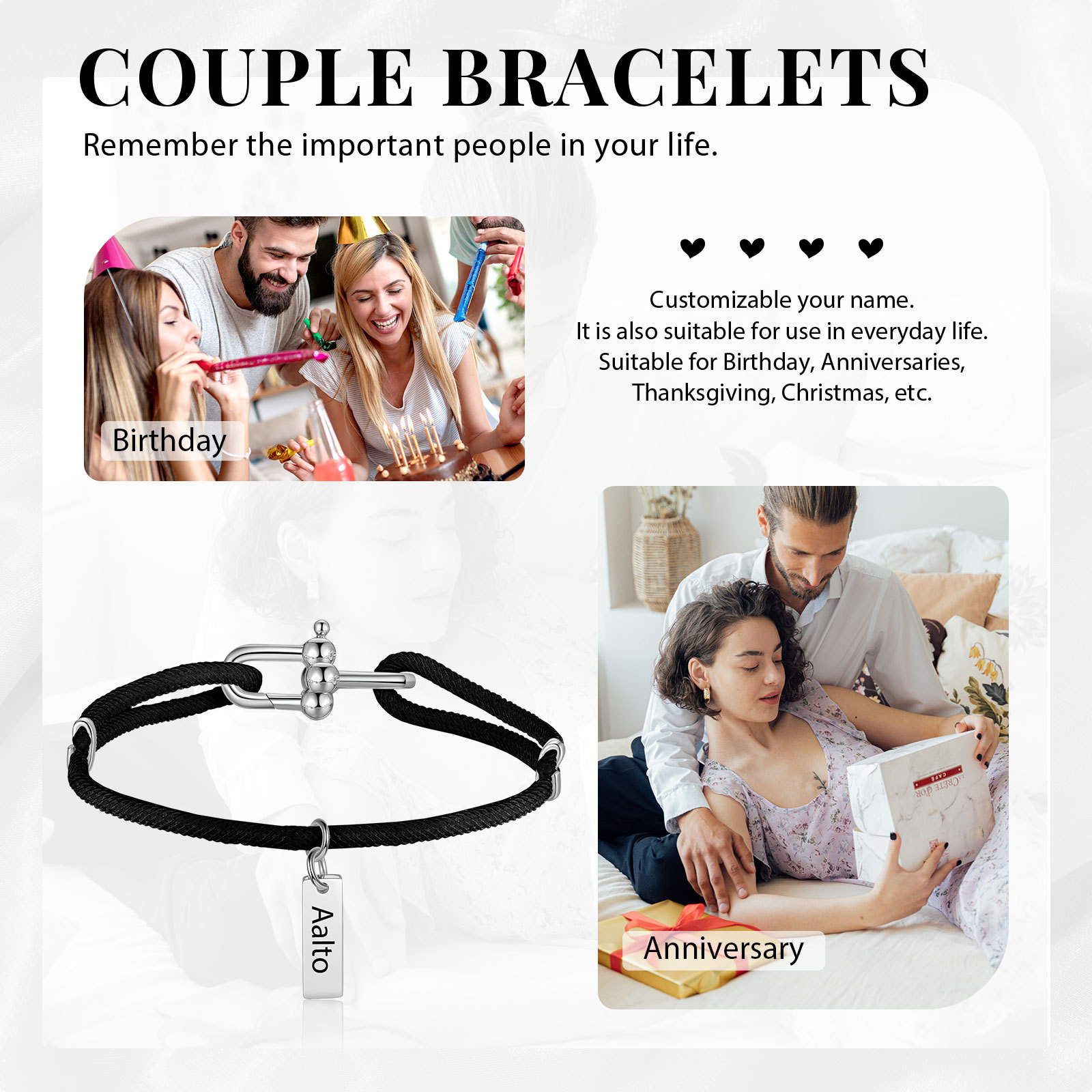 Custom 1 Name Bracelet Adjustable Bracelet Black/White Bracelet Personalised Gift for Him/Her-Jessemade AU