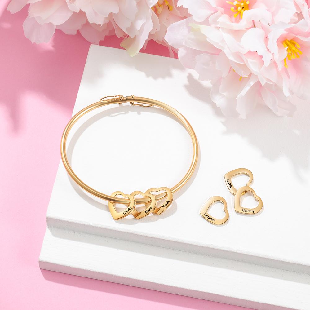 Bangle Bracelet Personalised with 6 Heart Shape Pendant Engraved 6 Names-Jessemade AU