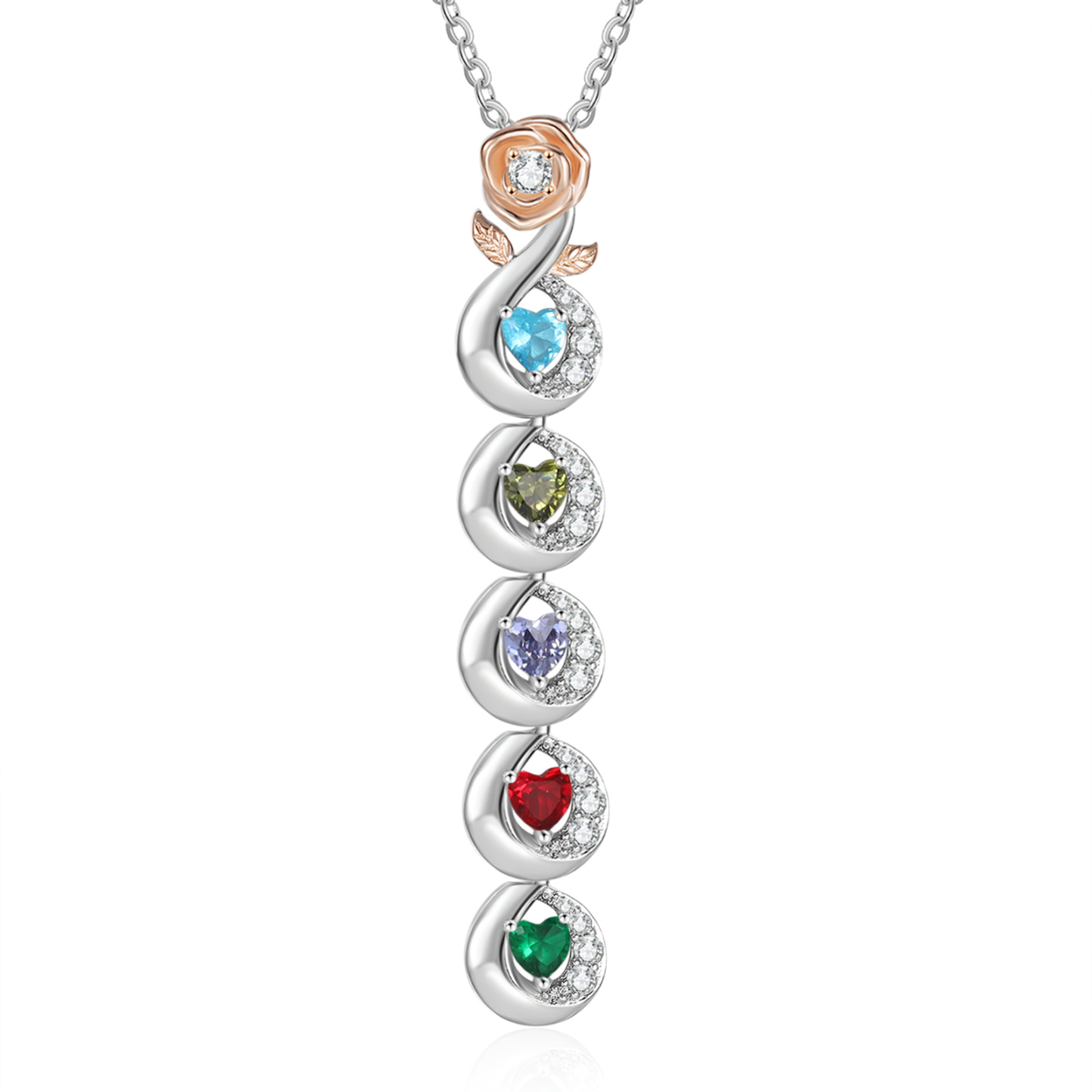 Custom Family Necklace Personalised 5 Birthstones & Names with Rose Pendant Gifts for Her-Jessemade AU