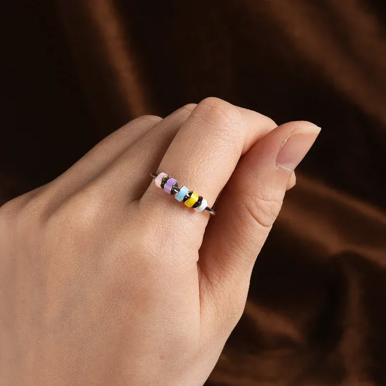 For Daughter-S925 Colourful Beads Fidget Ring Anxiety Spinning Ring" Your anxiety is lying to you"-Jessemade AU