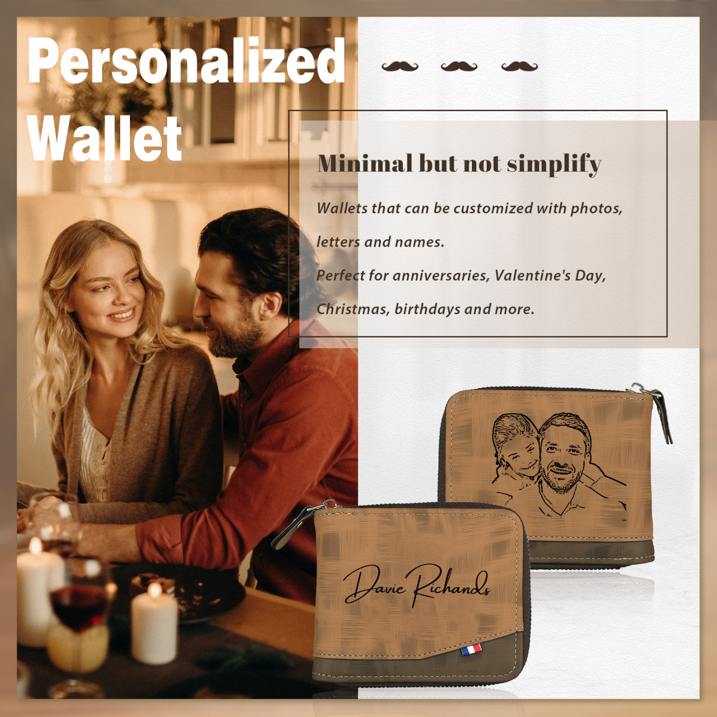 Personalised Photo & Text Billfold Wallet Custom Men's Leather Wallet Zipper Gifts for Him-Jessemade AU