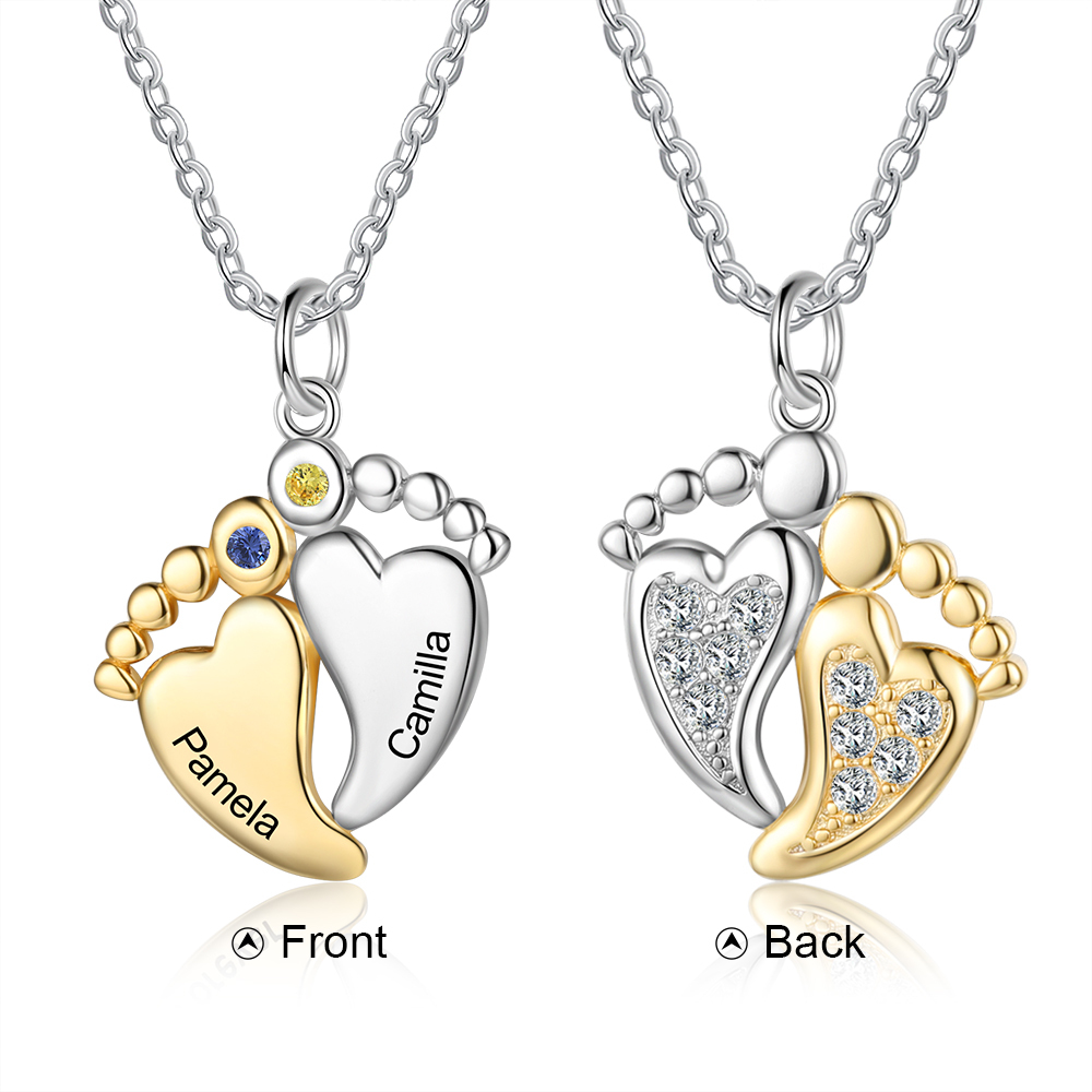 Personalised Baby Feet Necklace With 2 Birthstones Engraved Names Gift For Women-Jessemade AU