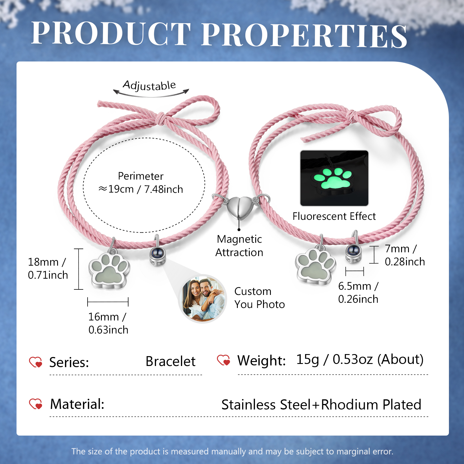 Personalised Photo Projection Bracelet Set Dog Paw Fluorescent Magnetic Bracelet Matching Gifts For Couples/Friends-Jessemade AU