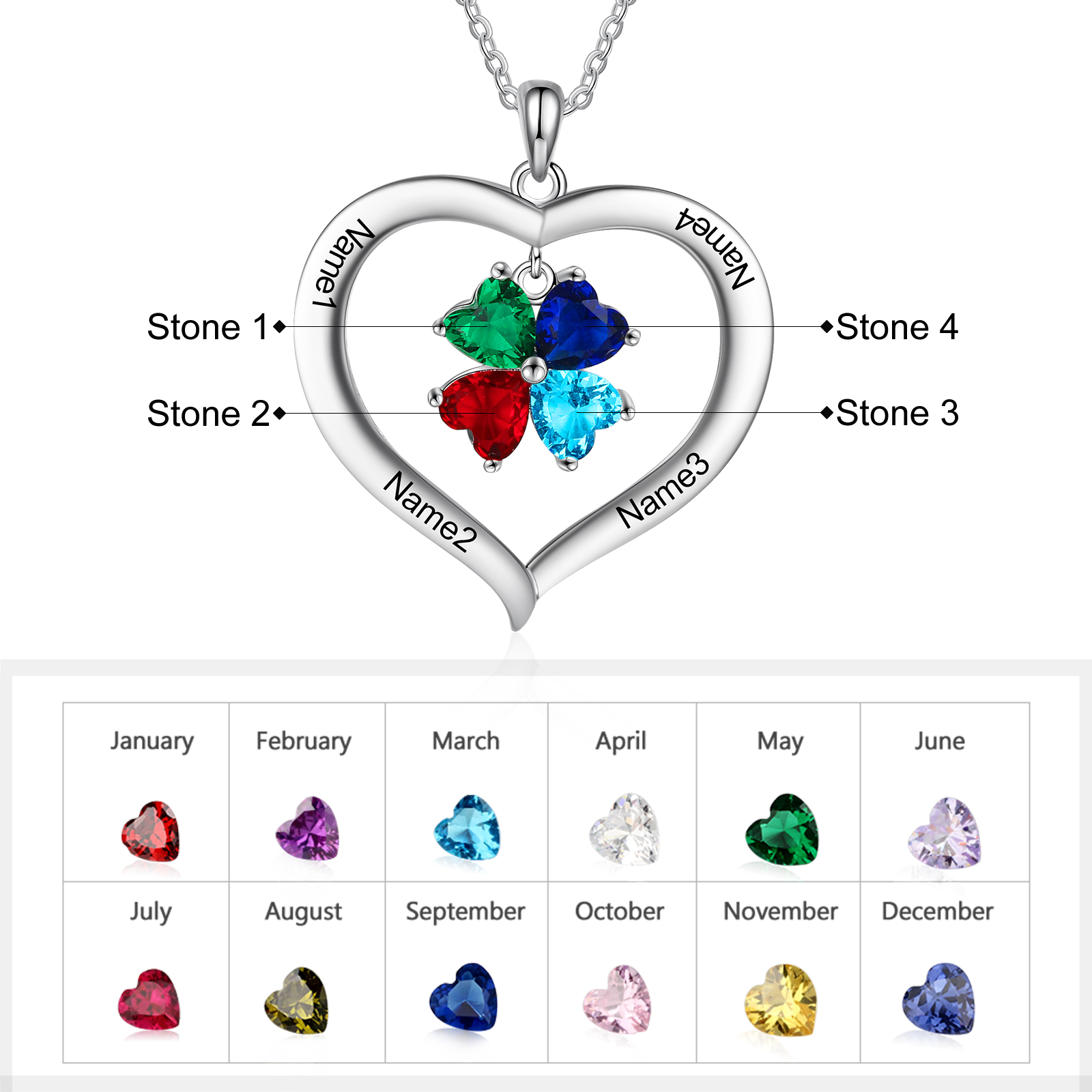 Personalised Heart Pendant Necklace with 4 Birthstones Engraved Names Family Necklace Gifts for Her-Jessemade AU
