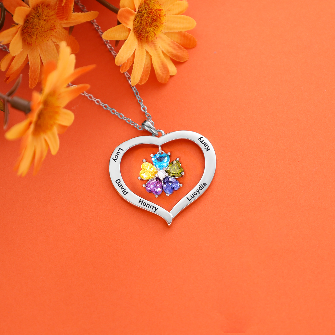 Personalised Heart Pendant Necklace with 4 Birthstones Engraved Names Family Necklace Gifts for Her-Jessemade AU
