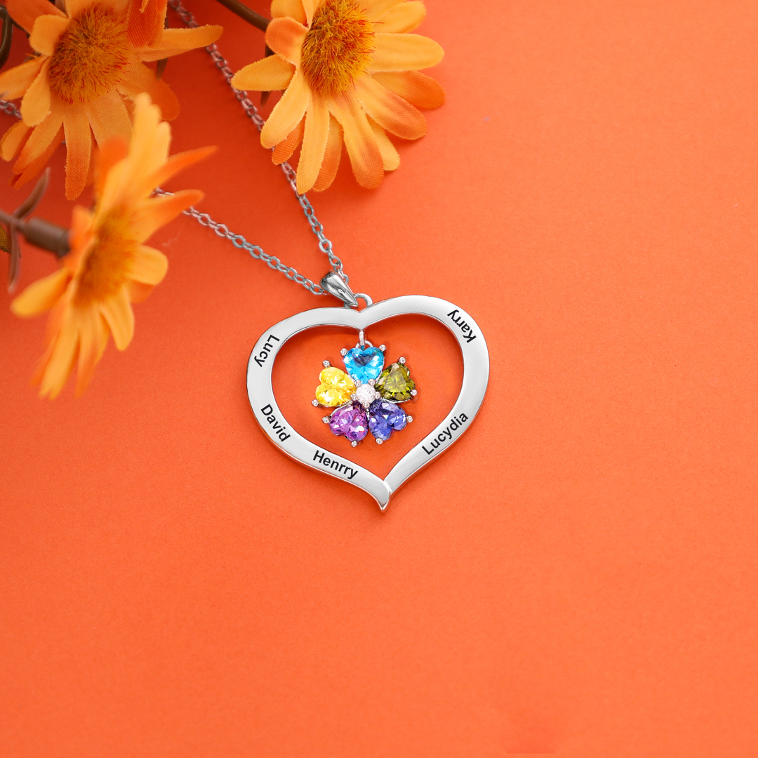 Personalised Heart Pendant Necklace with 4 Birthstones Engraved Names Family Necklace Gifts for Her-Jessemade AU
