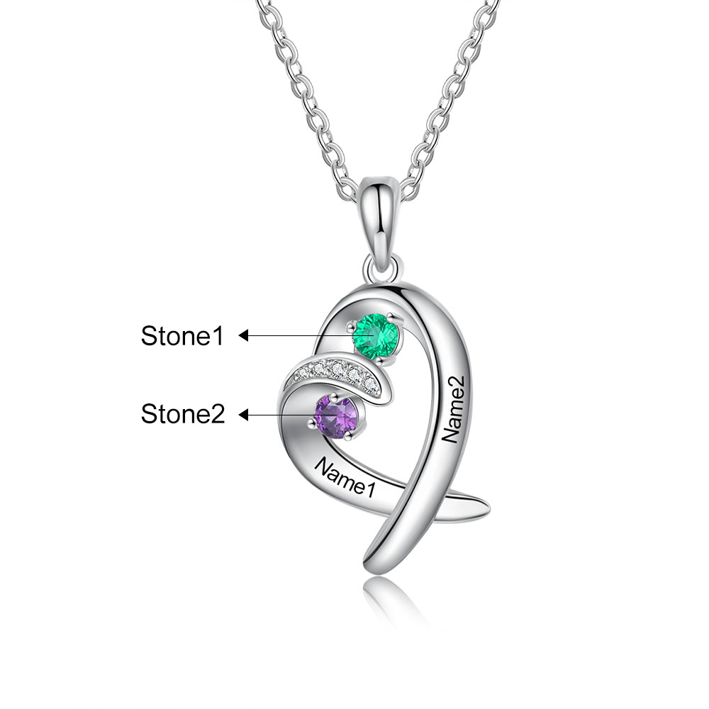 Personalised Heart Necklace With 2 Birthstones Engraved Names Gift For Her-Jessemade AU