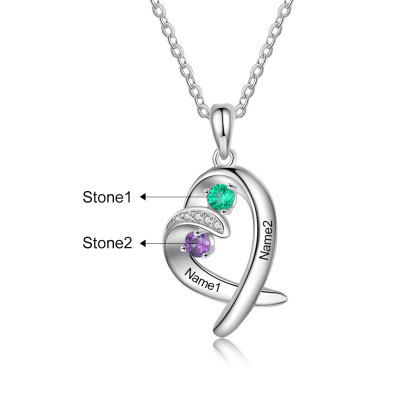 Personalised Heart Necklace With 2 Birthstones Engraved Names Gift For Her-Jessemade AU