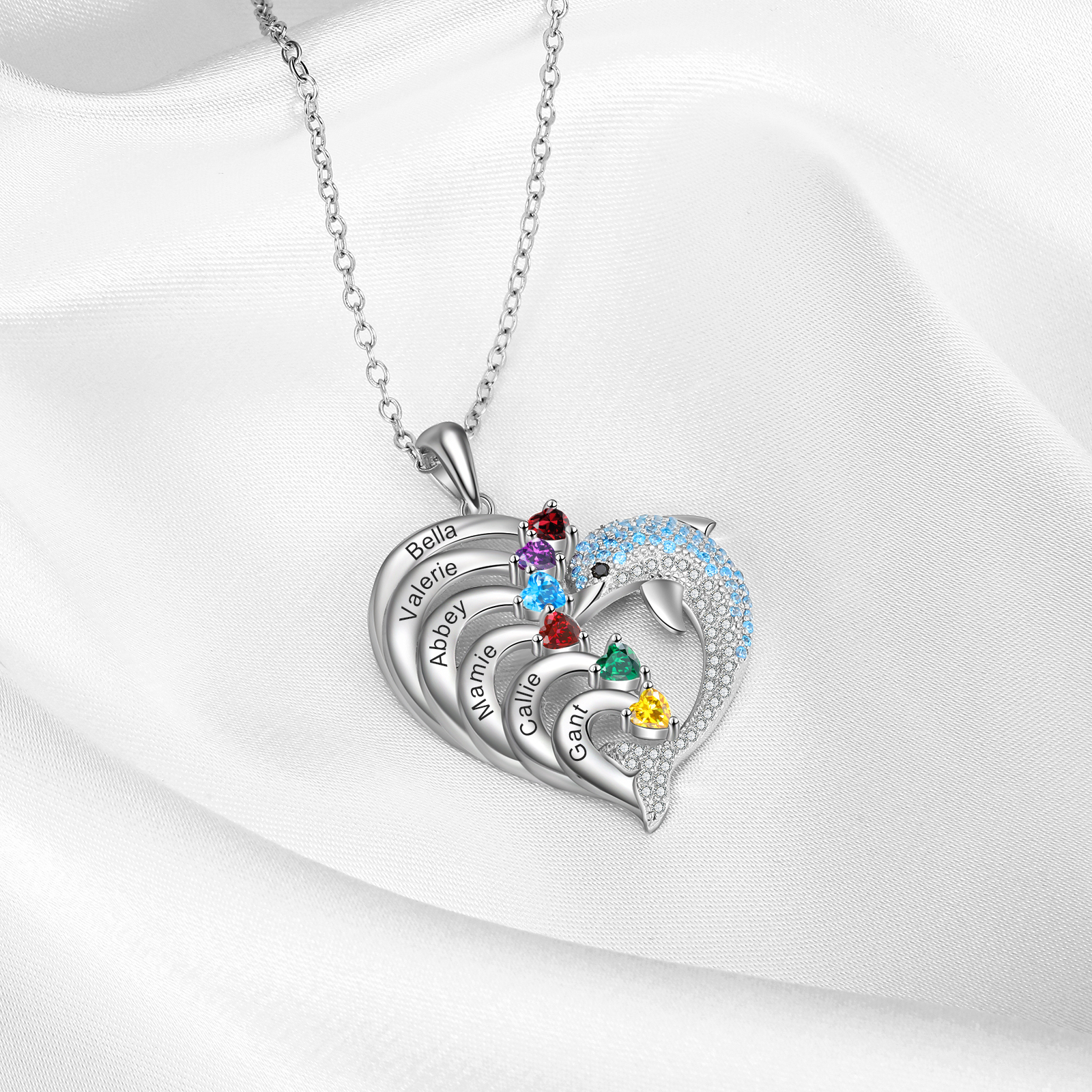 Personalised Heart Dolphin Necklace With 6 Birthstones Engraved Names Gift For Her-Jessemade AU