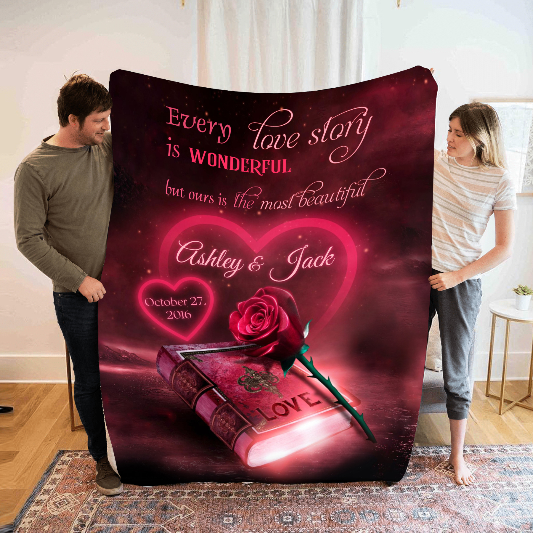 Personalised Couple Blanket Customised 2 Names & Date Blanket Rose Valentine's Day Anniversary Gift for Couples-Jessemade AU