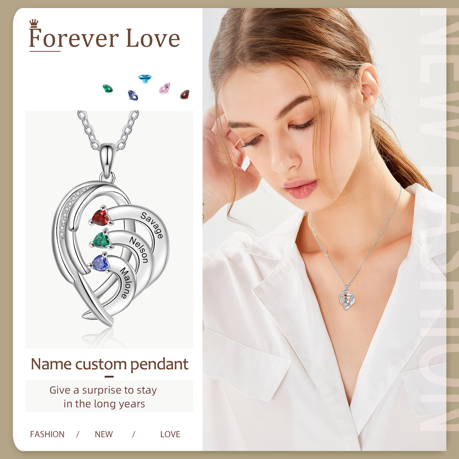 Personalised Heart Wings Necklace With 3 Birthstones Custom Names Necklace Gift For Her-Jessemade AU