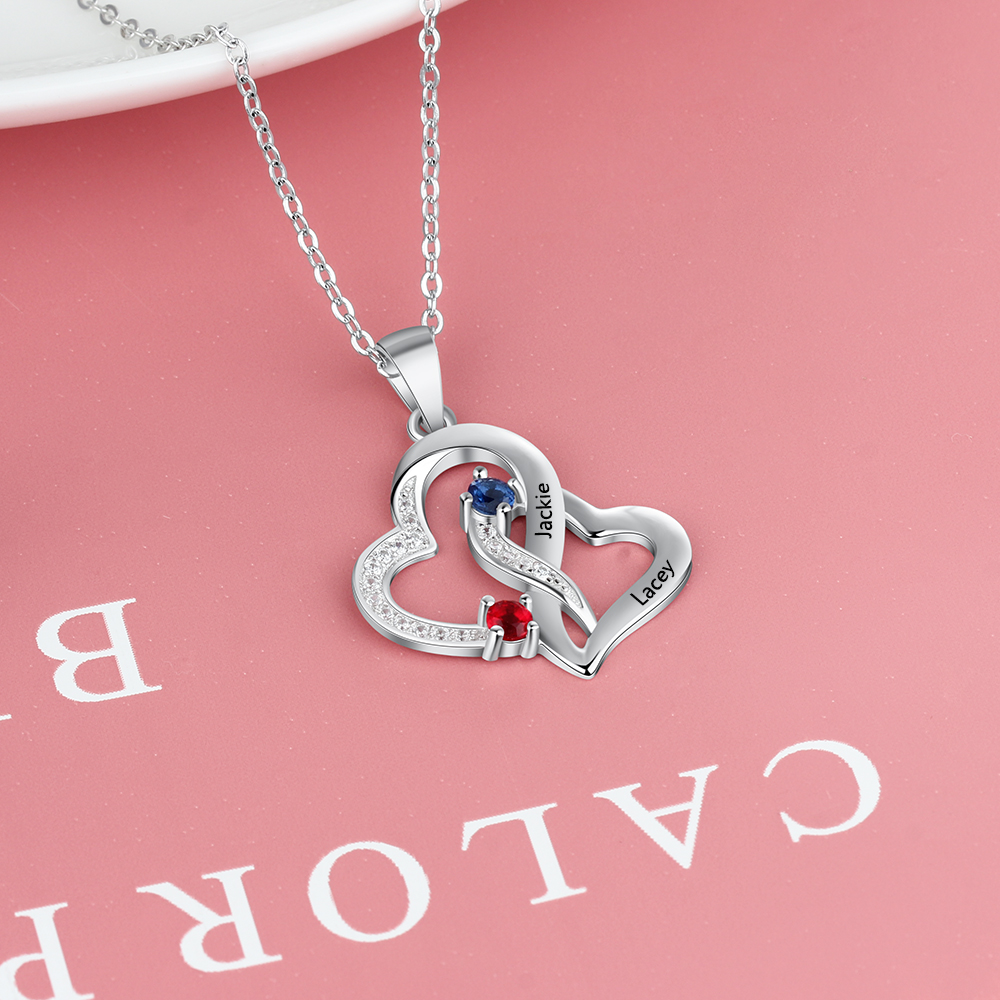 Personalised Heart Necklace With 2 Birthstones Engraved Names Necklace Gift For Women-Jessemade AU