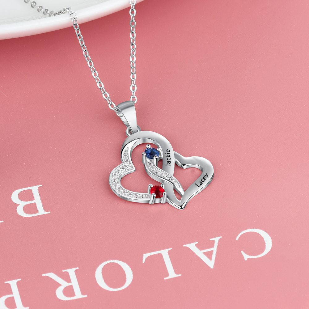 Personalised Heart Necklace With 2 Birthstones Engraved Names Necklace Gift For Women-Jessemade AU