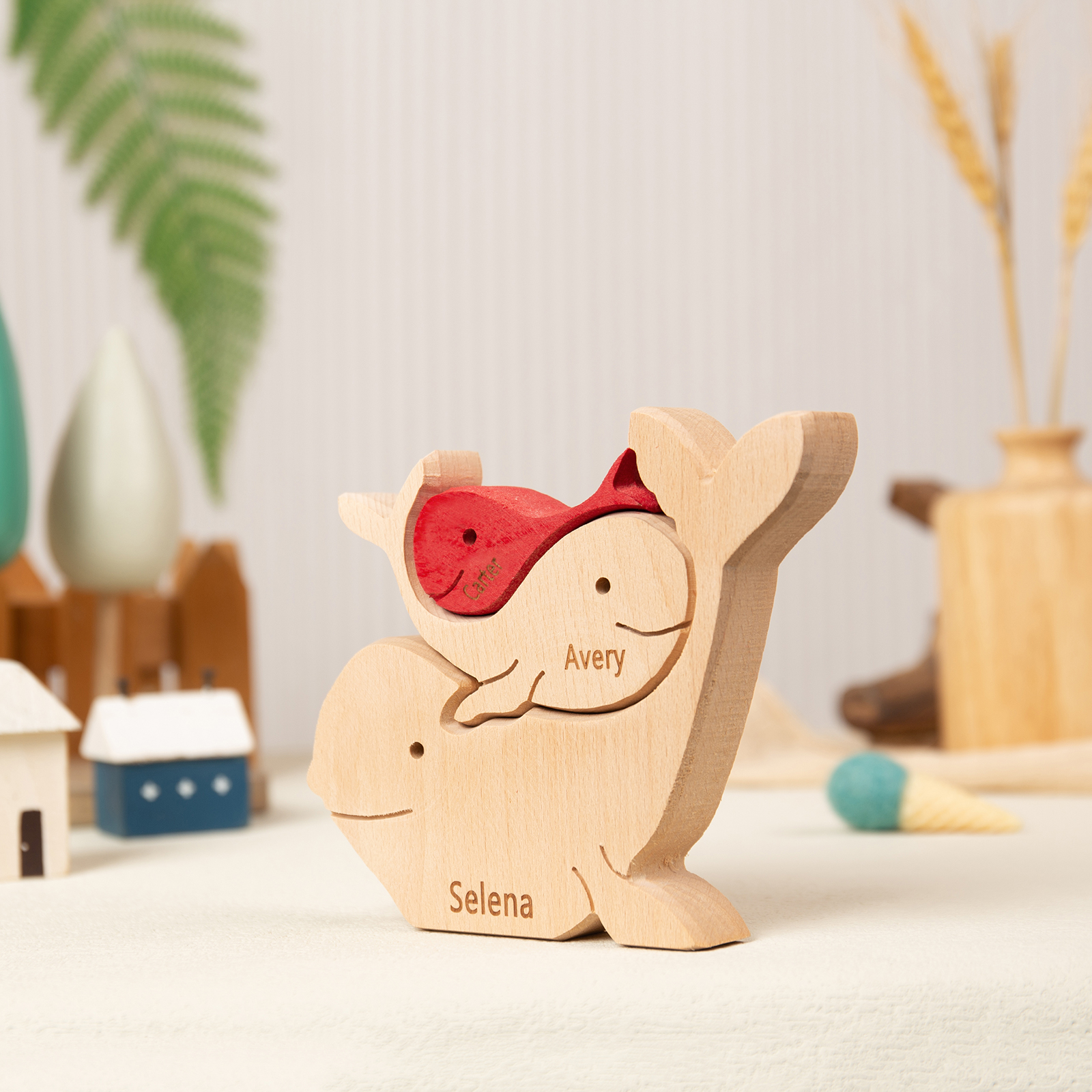 Personalised Wooden Animal Puzzle Custom 3 Names Puzzle Whale Bear Rabbit Hug Ornament Gifts for Family-Jessemade AU