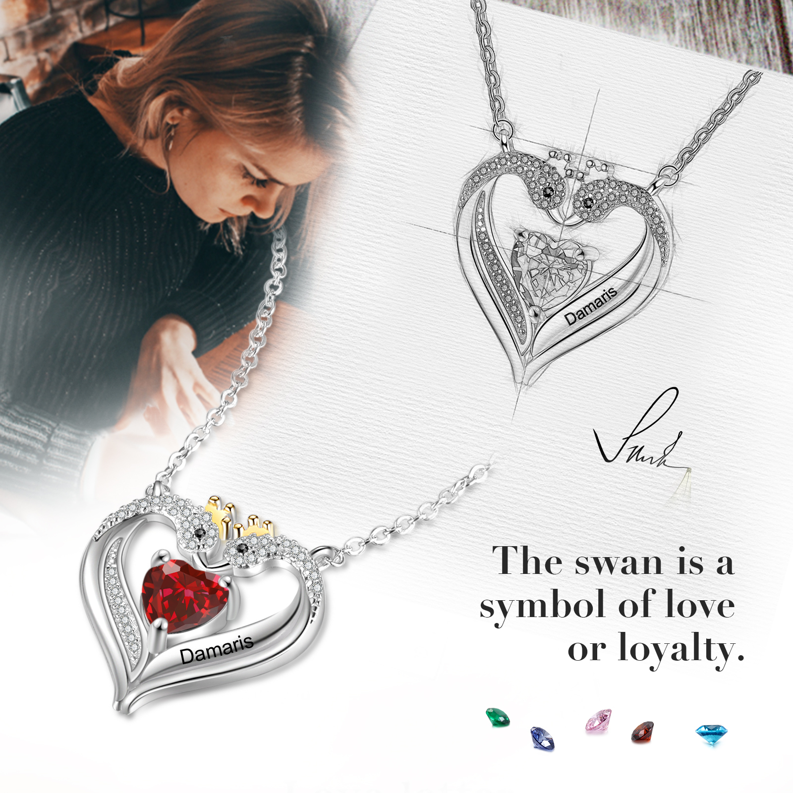 Personalised Heart Swan Necklace With 1 Birthstone Engraved Names Necklace Gifts For Her-Jessemade AU