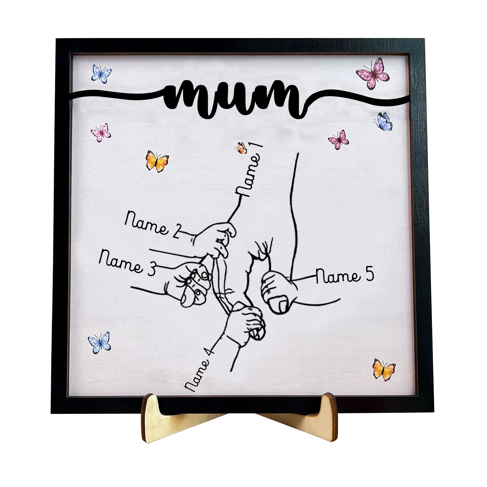 5 Names - Personalised Wooden Plaque Holding Mum's Hand Desktop Decorations Wooden Sign With Stand-Jessemade AU