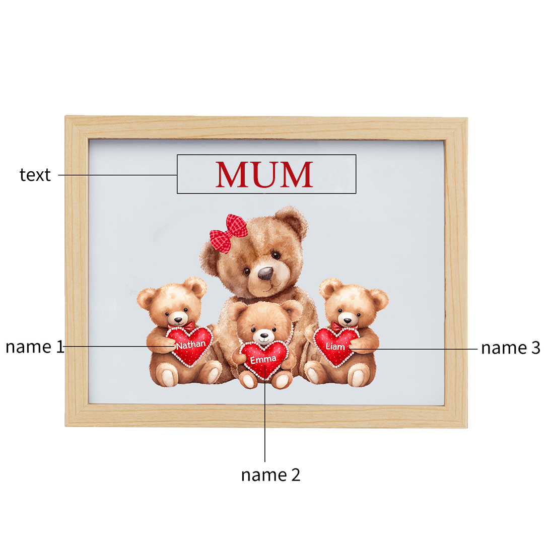Personalised Frame Night Light Custom 1 Text  & 3 Names Teddy Bears Family Ornament Gifts for Mother/Grandma-Jessemade AU
