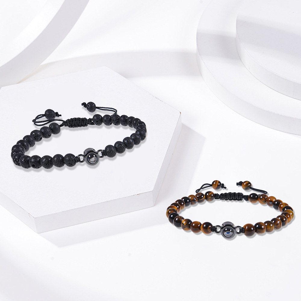 Tiger Eye Men's Bracelet Personalised Photo Projection Bracelet Black Gallstone Beads Warp Bracelet-Jessemade AU