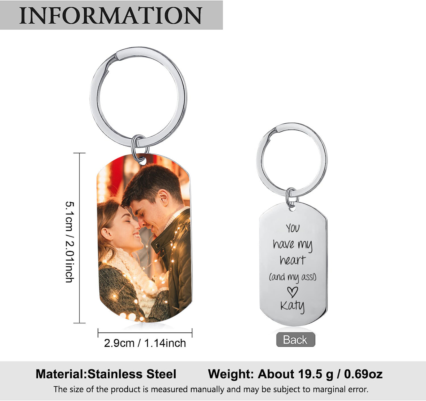 Personalised Photo & Name Keychain Stainless Steel Keyring "You Have My Heart" Gift for Couples-Jessemade AU