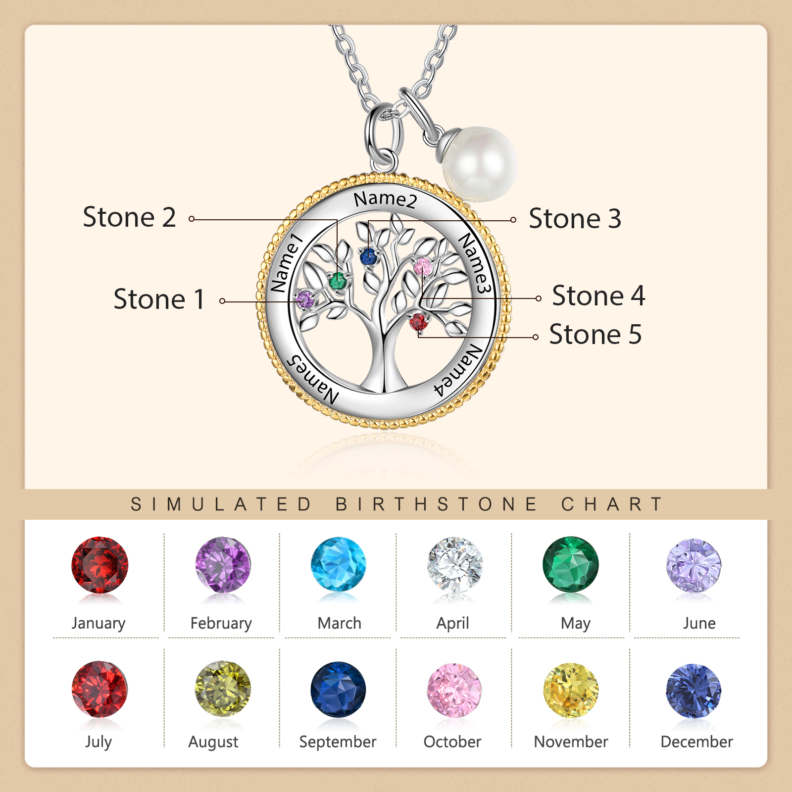 Personalised Family Tree Necklace With 5 Birthstones Engraved Names Necklace Gift For Women-Jessemade AU