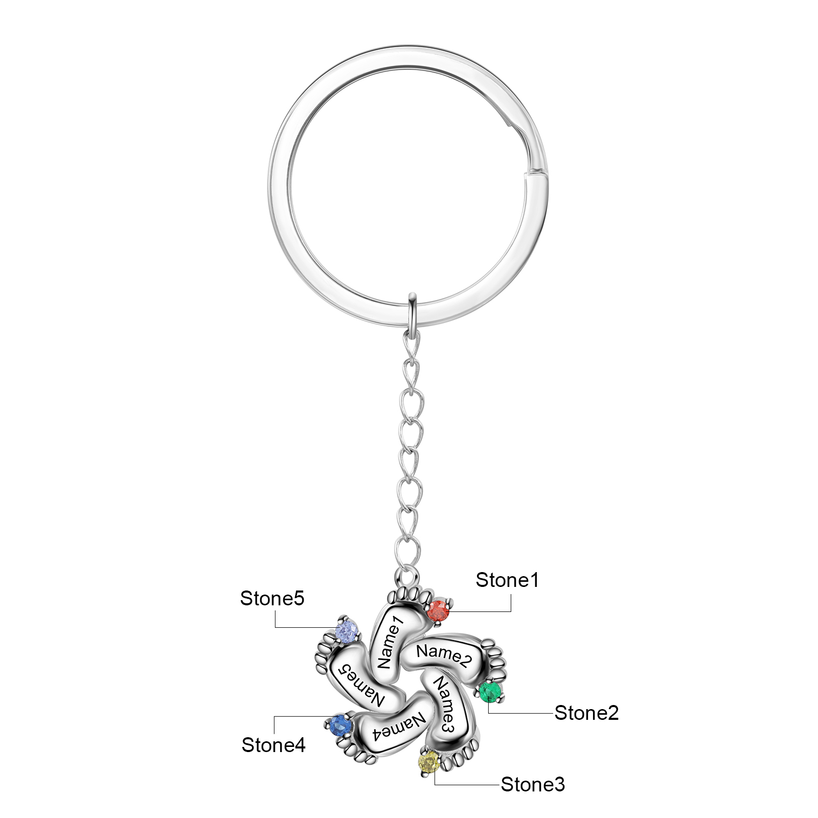 Personalised Baby Feet Keychain With 5 Birthstones Engraved names Keychain Gifts For Mother-Jessemade AU