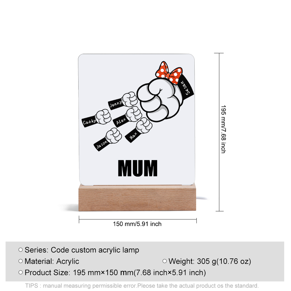 6 Names - Personalised Acrylic Night Light Custom Names & Text Fist Bump LED Lamp Gifts for Family-Jessemade AU