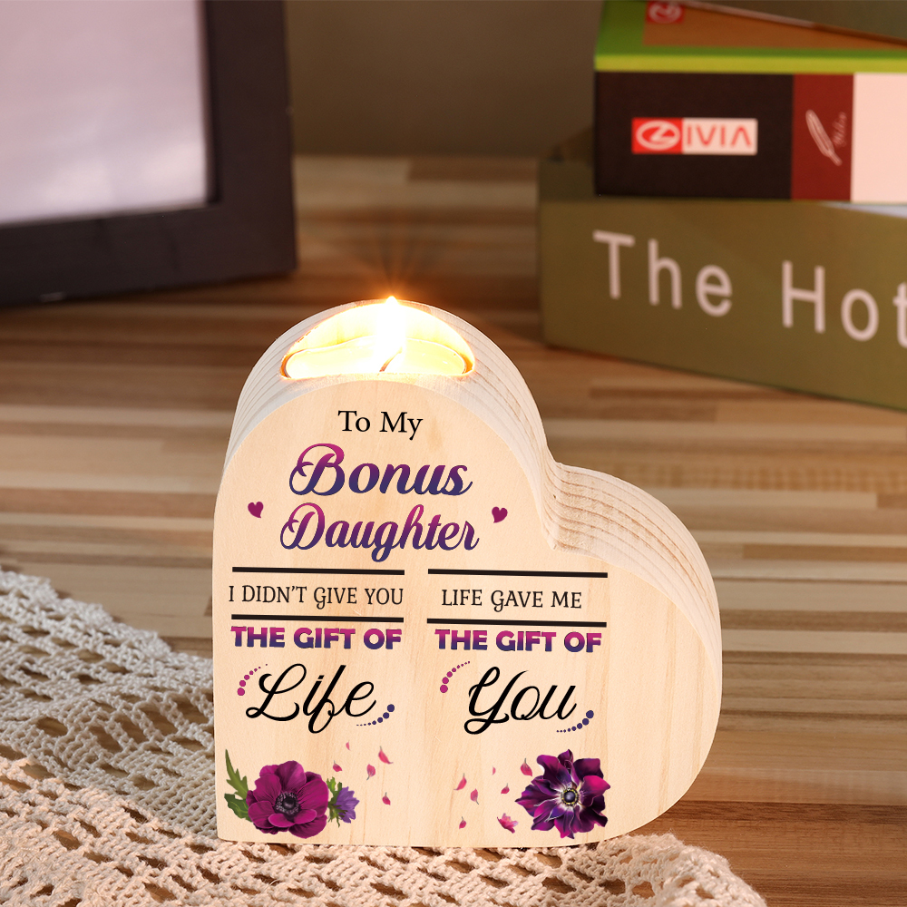 To My Bonus Daughter Christmas Gift Set with Violet Flower Heart Candle Holder Mug "Life Gave Me The Gift of You" Candlestick