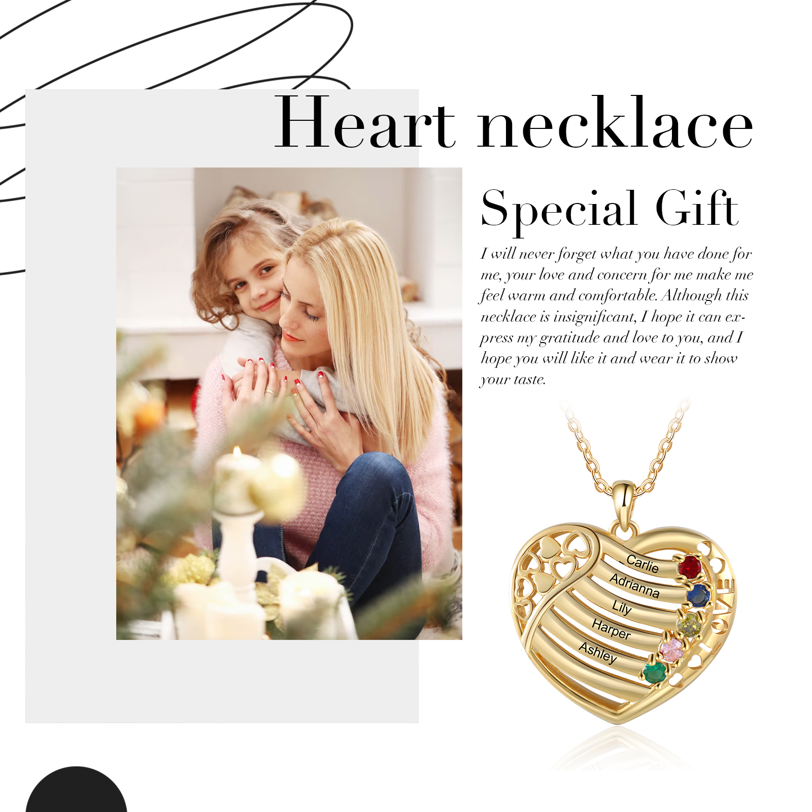 LOVE Heart Necklace Custom 5 Names & Birthstones Family Necklace Gifts For Her-Jessemade AU