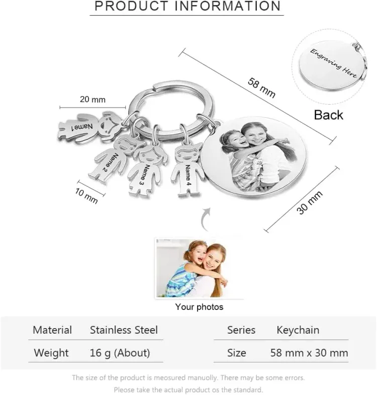 4 Names - Personalised Photo Keychain with Kid Charm Custom Text Keyring Gifts for Father/Mother-Jessemade AU