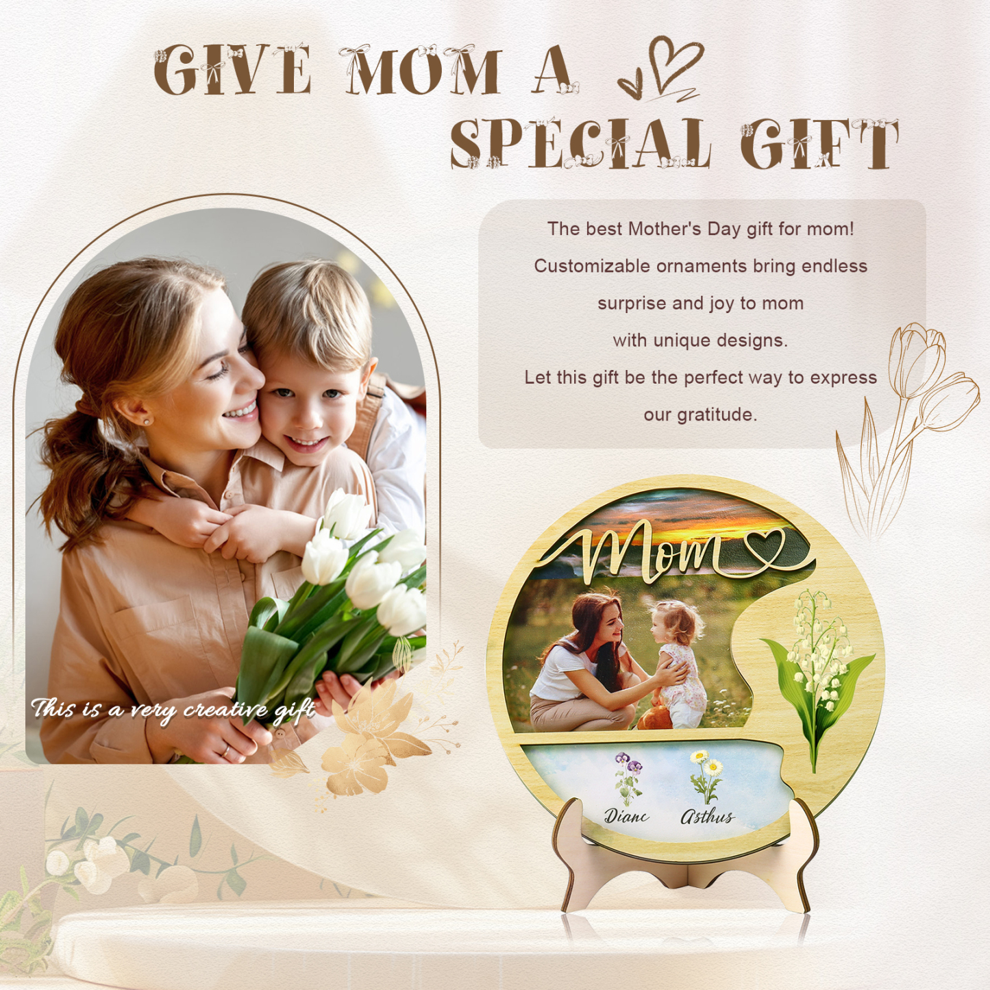 Personalised Photo & Text Wooden Plaque Custom 3 Birth Flowers & 2 Names Wooden Sign With Stand Gifts for Mum/Nana-Jessemade AU