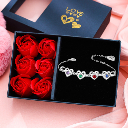 4 Names - Personalised Linked Heart Bracelet Custom 4 Birthstones Engraved Text Bracelets-Jessemade AU