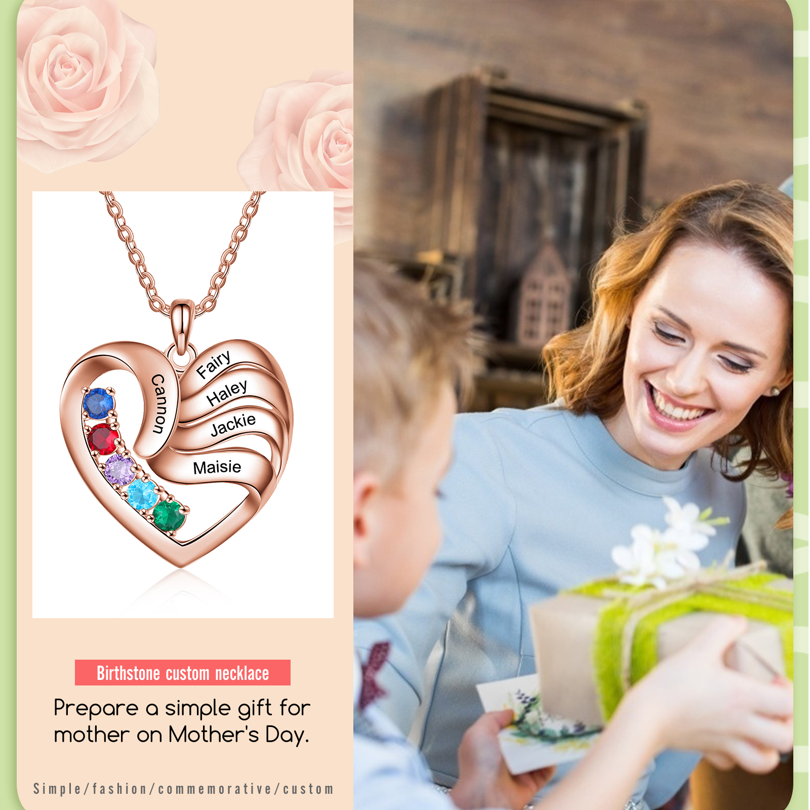 Personalised Heart Necklace With 5 Birthstones Engraved Names Family Necklace Gifts for Her-Jessemade AU