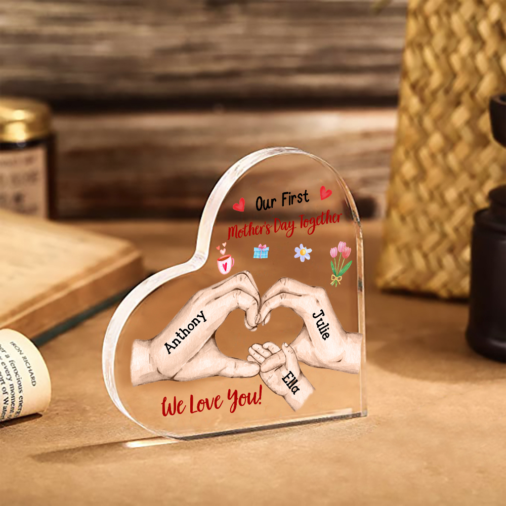 Our First Mother's Day Together - Personalised Text Acrylic Heart Keepsake Family Hands Custom 3 Names Ornaments-Jessemade AU