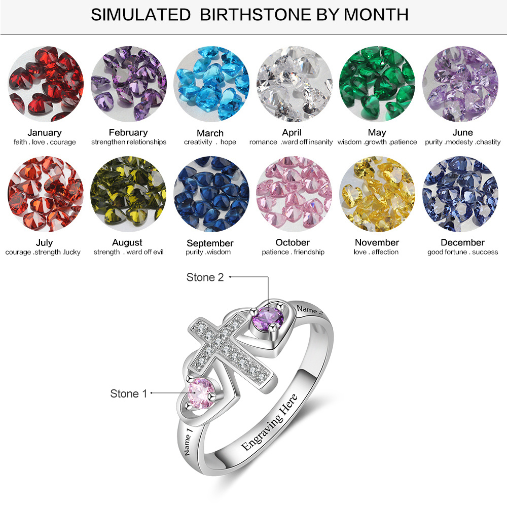 S925 Silver Ring Personalised 2 Birthstones Cross Ring With Names Gifts For Her-Jessemade AU