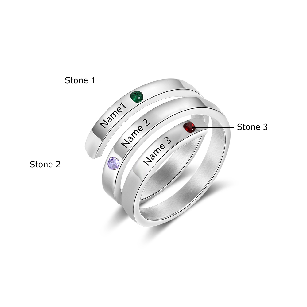 Personalised Ring With 3 Birthstones Engraved Names Ring Gift For Women-Jessemade AU